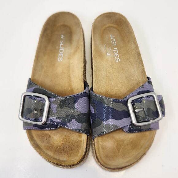 J Slides Women Lust Slip One Buckle Strap Sandal Size 7M Blue Green Camo Leather - Picture 2 of 8